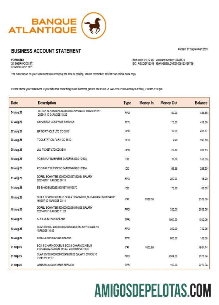 Em branco Banque Atlantique Organization Checking modelo de extrato de conta Word e PDF (1)